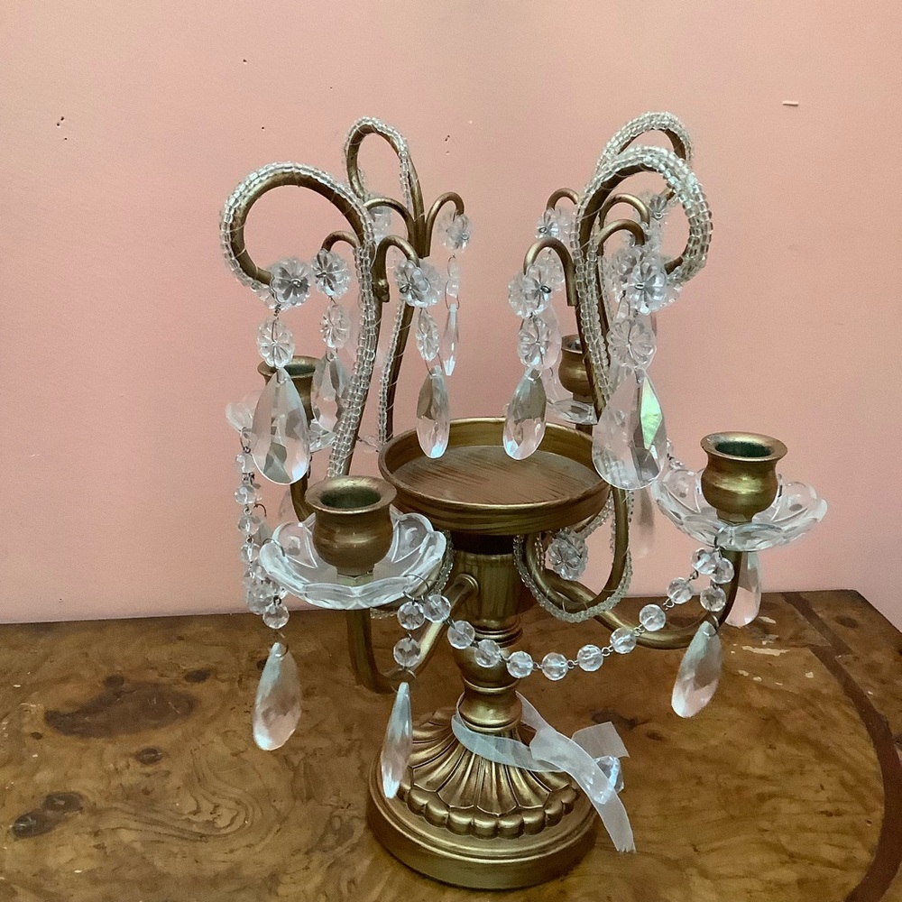 Opulent Treasures  Candelabra Prism Centerpiece, Metal Plastic Acrylic 14” X 11”